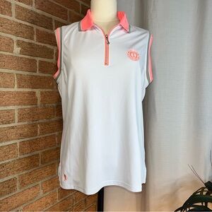 Glenmuir 1891 white sleeveless 1/4 zip golf polo with coral and khaki trim- L